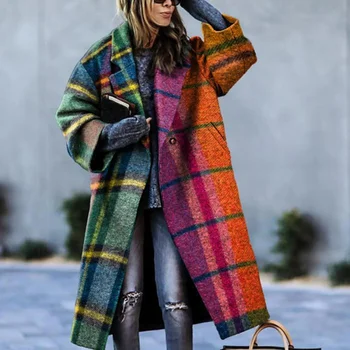 2023 Есен женски вълна палто с принтом, подходящо по цвят вълнена палто в клетка с дълги ръкави и ревери, дамски твидовая яке