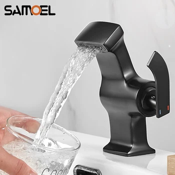 Нов креативен дизайн, месинг матово-черен смесител за мивка с водопад, монтирани на бортике, смесителна батерия за топла и студена вода B3421