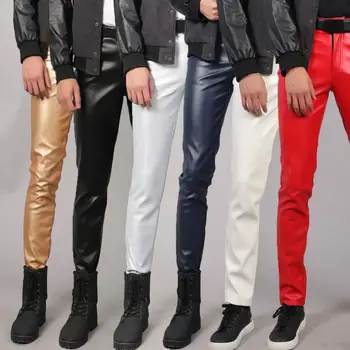 Мъжки кожени панталони, еластични тънки модерни танцови панталон-молив за изказвания, мотоциклетни байкерские панталони от изкуствена кожа в стил пънк-рок, клуб панталони