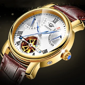 AILANG Модерен бизнес мъжки часовник в луксозна злато кожен пакет, автоматични механични ръчни часовници с светящимся календар, водоустойчив 5802