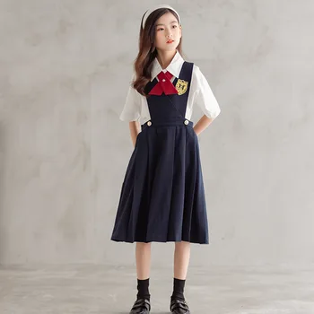 Ученически костюми, бебешки дрехи за корейски момичета от 10 до 12 години, бяла риза, пола на подтяжках с лък, комплект от две части за момичета