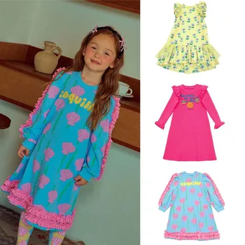 Рокля за момичета, есента 2023, ново детско памучно принцеса рокля с принтом, рокли за момичета от 1 до 12 години