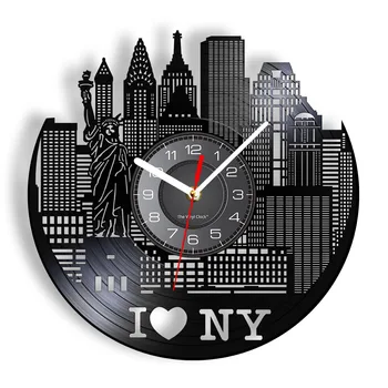 Градски пейзаж на Ню Йорк, модерни, тихи стенни часовници, боядисани стени, vinyl плоча, стенни часовници, часовници, уникални подаръци за пътуване