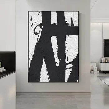 Интериор на стаята с ръчно рисувани с бяла и черна абстрактна живопис върху платно, стенно изкуство, декоративно украшение за всекидневната, изпълнени по поръчка