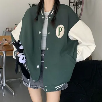 Бейзболна яке HOUZHOU Harajuku, дамски якета оверсайз в корейски стил за колеж, зелени палта-бомберы, градинска дрехи, пари, безплатно