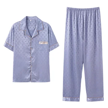 Пижама от коприна лед, мъжка лятна младежка свободна домашни дрехи големи размери, къси панталони, комплект от две части