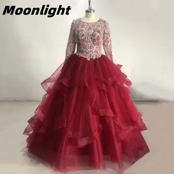 На лунна светлина, луксозно бордовое пищни рокля дантела, бална рокля, блестящо дантелено вечерна рокля, на много нива апликации за прекрасната 18 реални снимки