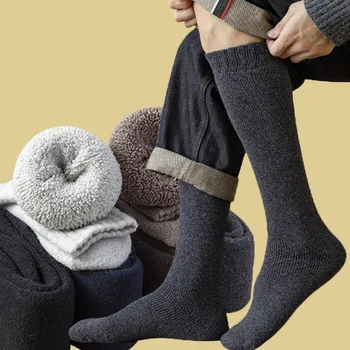 1 чифт вълнени чорапи, мъжки зимни топли дълги чорапи с подплата, дебели хавлиени гети за крака, високи чорапи памук