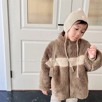 2023 Нова зимна детска топло яке с плюс, плътно флисовое палта от овча вълна за момичета, детски стеганая яке с дълъг ръкав, памучно ежедневното палто за момчета