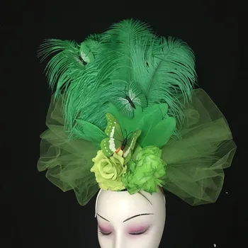 Нов луксозен шапки ръчна изработка с цветя пискюл от бели пера, изложбена прическа, облекло за коса