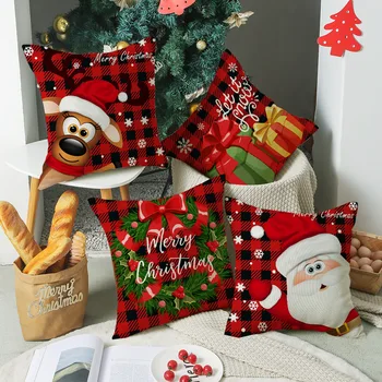 Коледна калъфка за възглавница, калъф за възглавница с принтом елхи, Дядо Коледа, червени калъфки от изкуствен лен, декоративни аксесоари за дома