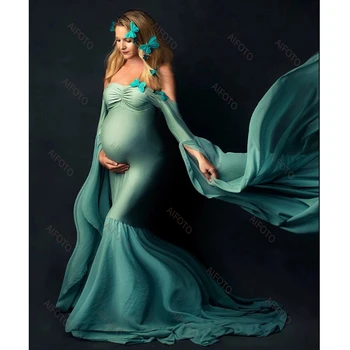 Рокля за бременни, реквизит за снимки, дълъг ръкав, дума, рамо, с висока талия, на тънка пола макси под формата на рибено опашката, облекло за фотосесия по време на бременността