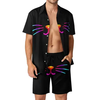 Мъжки плажен костюм с усмивка рейнбоу котка, графичен костюм от 2 теми, Ретро костюм за почивка, размерът на САЩ
