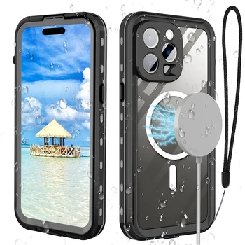 Водоустойчив калъф за iPhone 14 Pro Max Case 14 Plus е съвместим калъф Magsafe магнитен калъф за телефон с пълна защита на магнит с каишка