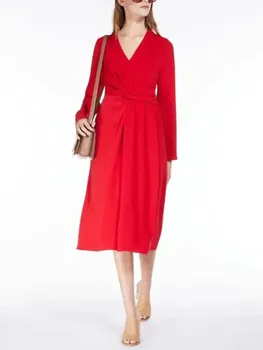 Есен 2023, ново женско червено или черна рокля със средна дължина, с V-образно деколте, дизайн, вратовръзка, на кръста, женски темперамент, висока талия, елегантен халат с дълъг ръкав