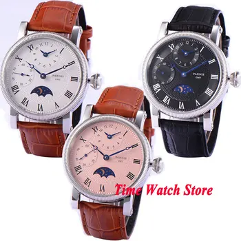 Мъжки часовник Parnis 42 мм GMT, Ръчен Часовник с Ръчно от Идентификатор на ден/Нощ, Бял/Черен/Розов Циферблат, Кожена Каишка, Малък Секунди