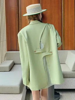 TPJB / Нов модерен женски зелен блейзър и яка, однобортный костюм на райе с дълъг ръкав, якета в стил мозайка, летни палто