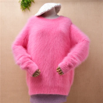 жена есенно-зимния дебел топъл вълнен пуловер от сладко розово кадифе, с кръгло деколте и дълги ръкави, свободен пуловер от ангорского кожа, пуловер, топ