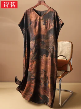 Лятото коприна на роклята 2023 Висок клас от марката Xiangyun, Женствена Коприна рокля за мама Широк размер С V-образно деколте