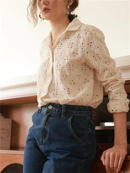 Дамски лейси блуза с отворена бродерия 2023, пролетно новост, дамски однобортная елегантна риза с отложным яка и дълъг ръкав
