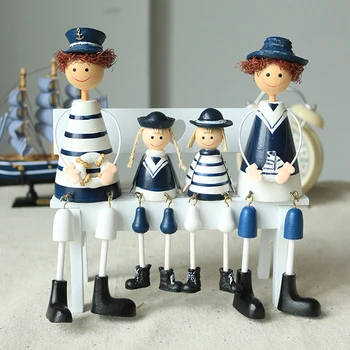 4 Предмета, семейство от четири творчески висящи кукли от тъмно синьо дърво за художествено къщи, дървена декорация, морски декор