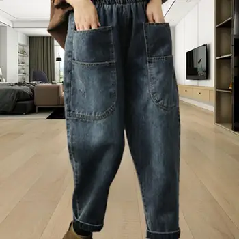 Дамски скъсяване на панталони-зреещи в ретро стил, ежедневни дънкови панталони с широки штанинами