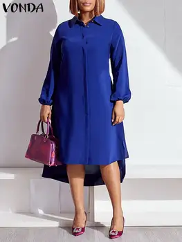 Жената есен асиметрична рокля VONDA 2023 с дълъг ръкав-фенерче, елегантен офис рокля midi, всекидневни монофонични халат, свободно премяна