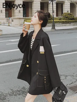 Насладете се на есента 2023 г. корейска марка, дизайнерски черен костюм, палто, женски ден за ден без сако с дълъг ръкав, работно облекло, яке, връхни дрехи