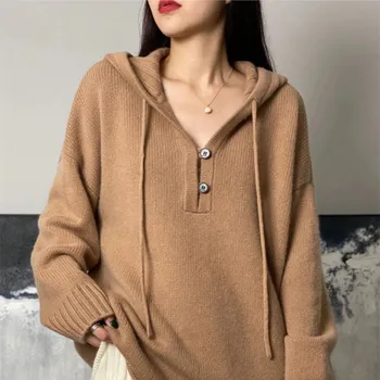 Вълнен пуловер с качулка, женски 2021, есен-зима, нов пуловер от 100% чиста вълна, женски свободен дебел пуловер, вязаный пуловер, тенденция