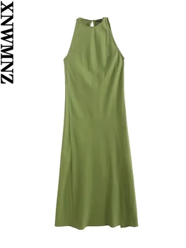 XNWMNZ, дамска мода 2023, ленено рокля миди от смес от лен, женски стил за почивка, О-образно деколте, без ръкави, страничен разрез, обикновено женски, шикозни рокли