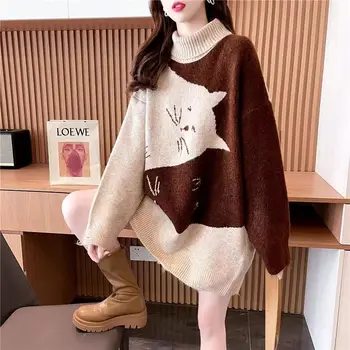 Жена вязаный пуловер оверсайз, есенно-зимна поло, вязаный пуловер с принтом хубава котка, топли блузи за жени, новост 2023 година