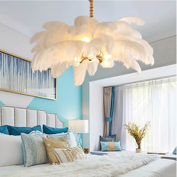 Nordic light луксозен меден окачен лампа с бяло перо, романтична полилей за всекидневната, лампата за спални за момичета