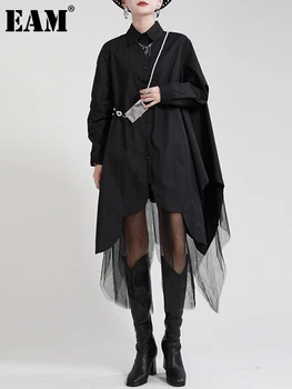 [ИАЛ] - Секси черна рокля-риза с неравна подолом голям размер, нов ревера, дълъг ръкав, без приятелка, модерен прилив, Пролет-есен 2023 1DE2485