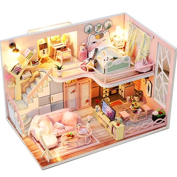 Детски играчки CUTEBEE, куклена къща с мебели, монтаж на дървена миниатюрен куклена къща, играчки-пъзели за куклена къща Сам за деца