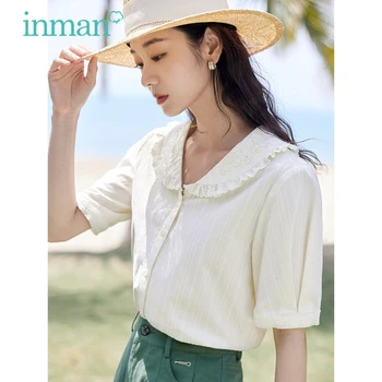 Дамска блуза INMAN 2023, лятна свободна риза с пищни ръкави и бродирани кухи завързана ревера, френска поезия, елегантни жълти потници