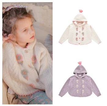 Детски пуловер за момичета, есенно-зимния пуловер, 23 LM, скъпа жилетка с цветен печат за малки момичета, вязаный пуловер с шапка