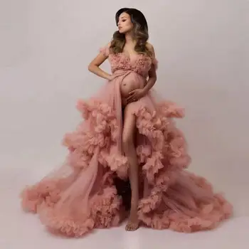 Розови рокли за абитуриентски бал за бременни, реквизит за снимки, елегантна бална рокля за бременни с волани, вечерна рокля за фотосесия в душата на детето