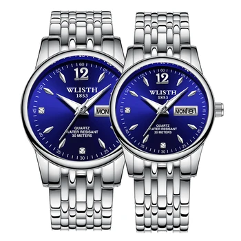 Модерна двойка, мъжки и дамски ръчен часовник, с каишка от неръждаема стомана, светлинен дисплей, седмица, дата, водоустойчив Бизнес ежедневни кварцов часовник