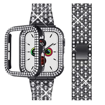 Жена калъф с диаманти + каишка за Apple Watch Band 7 6 41 мм 45 мм 38/42/40/44 мм, Метална Гривна за iWatch Серия SE 3, Бижутериен калъф