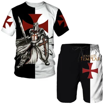 Летен мъжки костюм, мъжки тениски с 3D принтом Templar, Комплект, на Хладно градинска Реколта Ежедневни тениска с къс ръкав, къси Панталони, Модерен комплект от две части