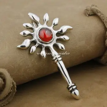 Сребърен скиптър 925 проба, червен камък CZ, модни висулка във формата на слънце 9L006
