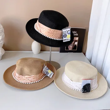 С широка периферия, летни шапки за жени е плоска в горната част на предпазния перлени бижута сламена шапка Шапка от Слънцето плажна шапка за защита от Слънцето на Кентъки Дерби шапка