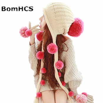 BomHCS Зимна топла дебела вязаная хет-бини ръчно изработени шапки с множество прекрасни помпонов