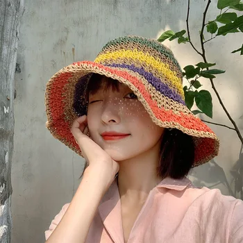 Слама розова шапка от слънцето ръчно изработени за дамите, цветни плажни шапки за лятната ваканция, сгъваеми плажни шапки, дамски шапки от слънцето