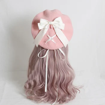 Есента Японски взема Kawaii, дамска зимна шапка 2021, меки шапки в стил Лолита за момичета, сладки панделки, вълнени шапки за художници, дамска шапка, френски художник, розов