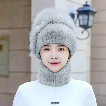 Новата женска кожа шапка зимна от естествена вълна заек Рекс морозостойкая топла шапка луксозна удебелена модерна мека шапка шал комплект от две части