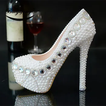 Bao yafang /2019 Ново записване, женски сватбени обувки с бели перли и кръг пръсти, сватбени модел обувки за парти, дамски обувки на платформа и висок ток