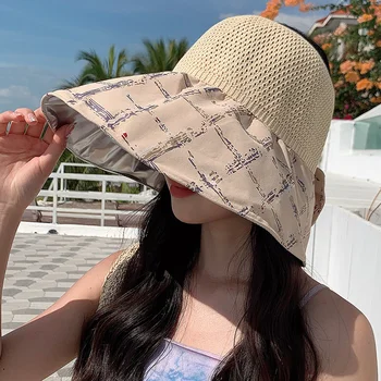 Дамски слънчеви шапки с широка периферия, които предпазват от ултравиолетовите, с празен езда, сгъване в опашката лятна плажна шапка, градинска солнцезащитная шапка за жени