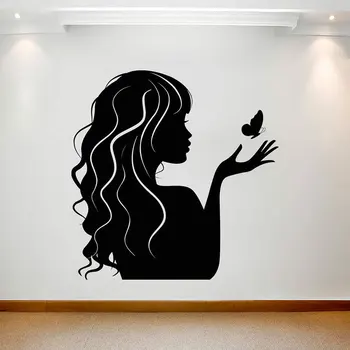 Стикер на стената в салона за красота с пеперуда за коса, знак на фризьорски салон, арт интериор, винил, свалящ преносим стенопис A452